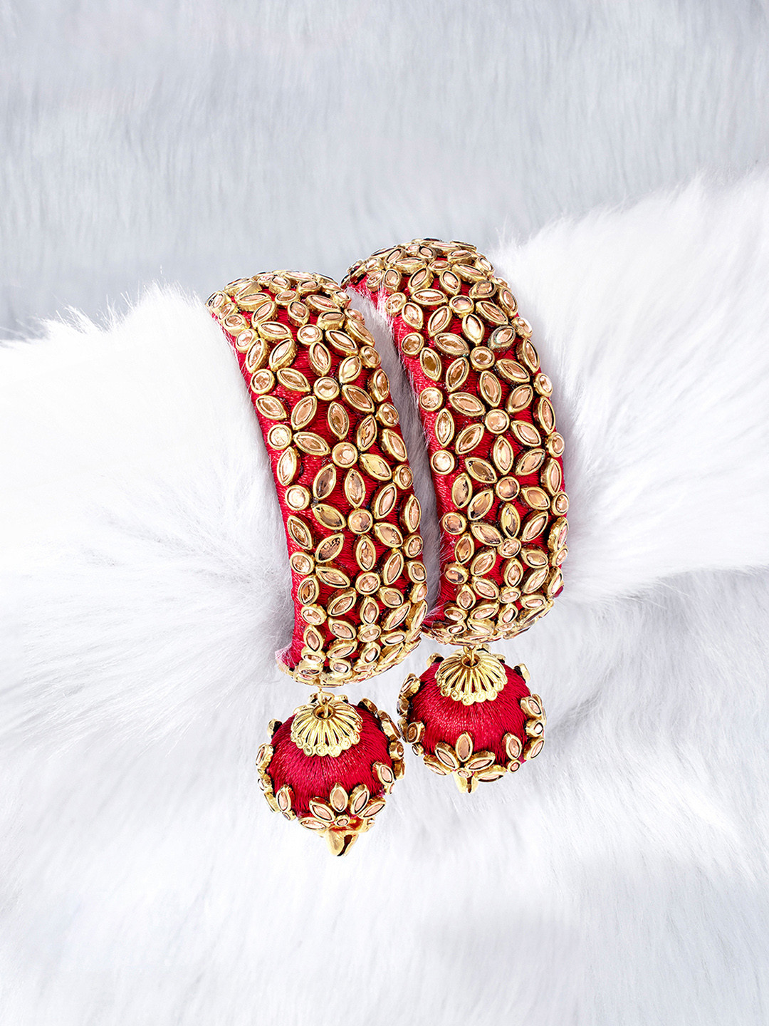 Peora Red Gold-Plated Set of 2 Handcrafted Silk Thread Kundan Studded Bangles