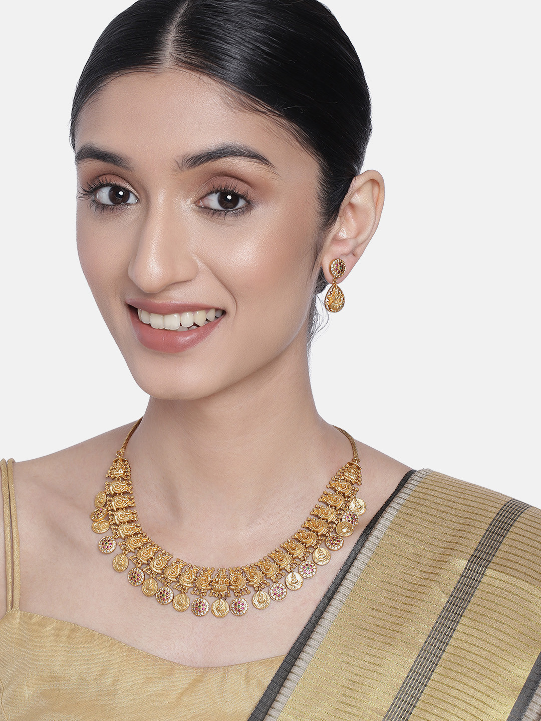 Peora Gold-Toned South Indian Style Temple Jewellery Set