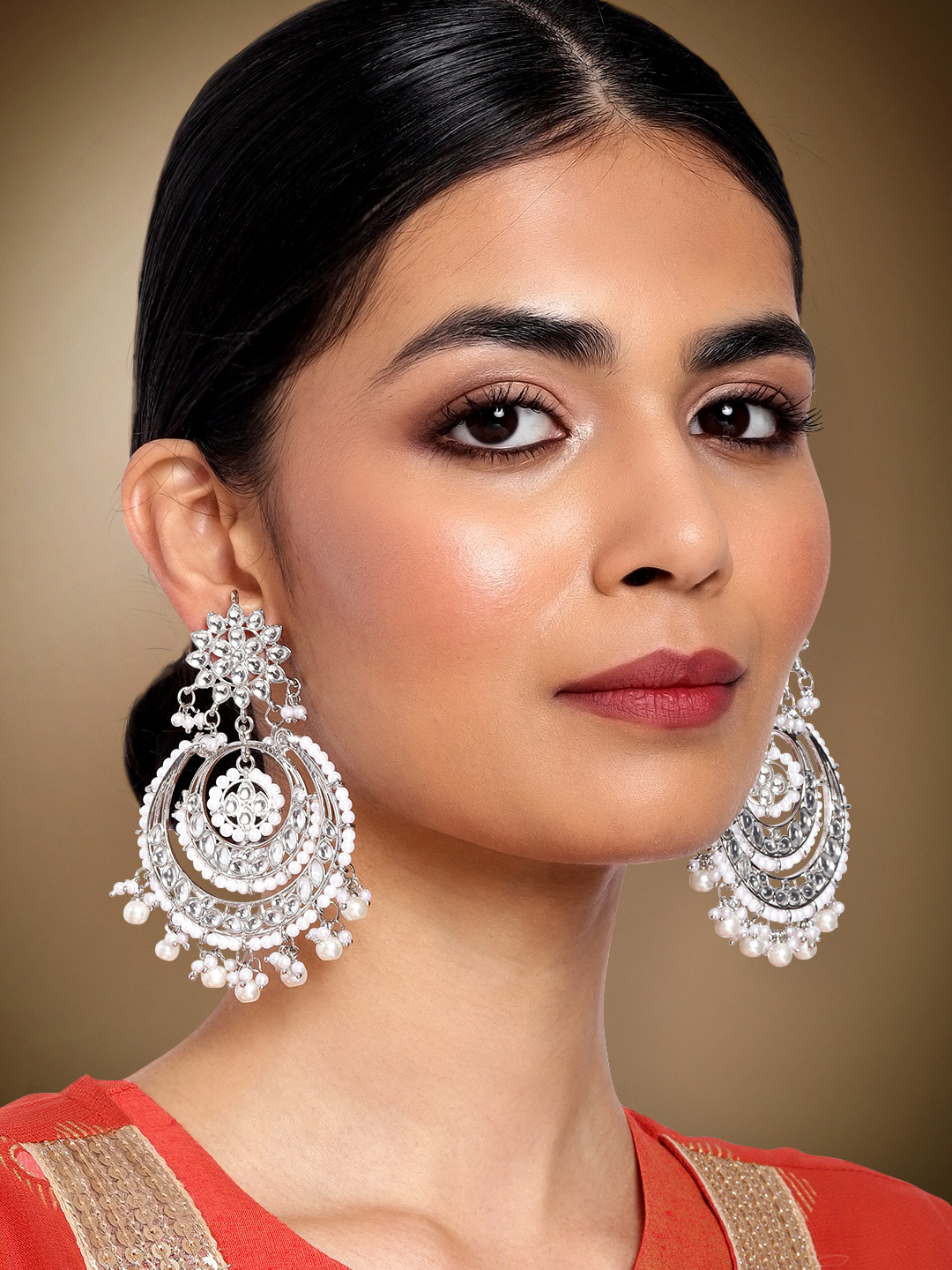 Peora White Oxidised Silver-Plated Kundan-Studded Beaded Chandbalis
