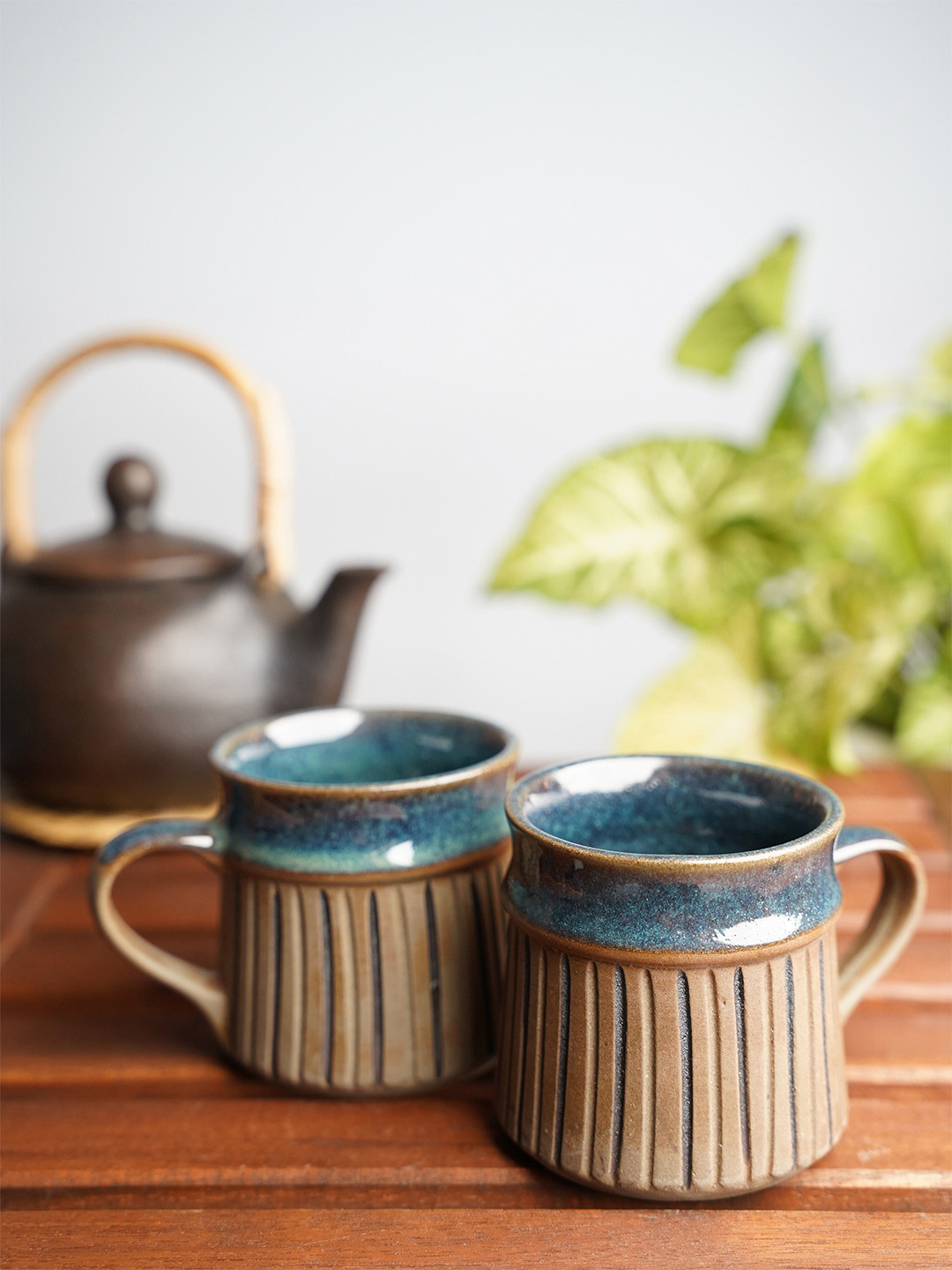 Folkstorys Brown Textured Ceramic Microwave Safe 2 Piece Mugs-175ml