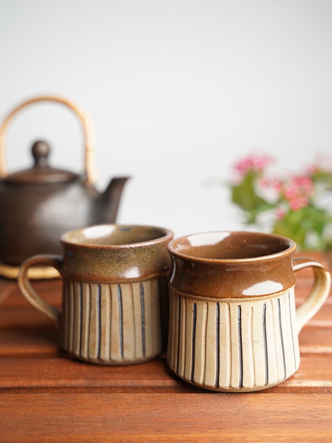 Folkstorys Brown Textured Ceramic Microwave Safe 2 Piece Mugs-250ml