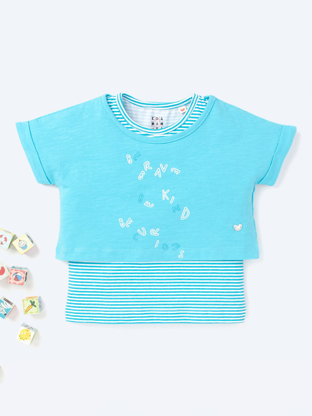 Ed-a-Mamma Girls Blue Typography 2 Printed Extended Sleeves T-shirt