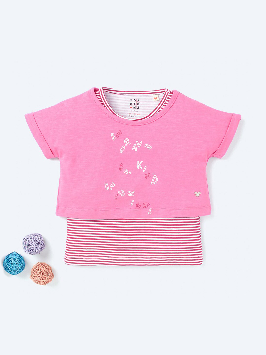 Ed-a-Mamma Girls Pink Typography 2 Printed V-Neck Extended Sleeves T-shirt