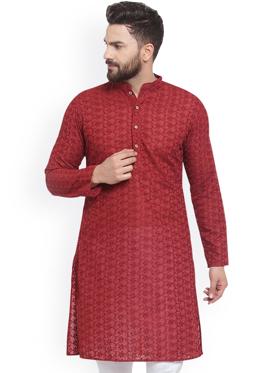 TREEMODA Men Maroon Floral Embroidered Mandarin Collar Chikankari Cotton Straight Kurta