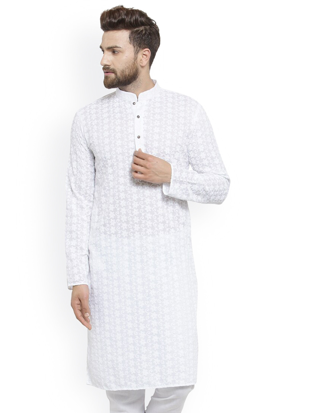 TREEMODA Men White Floral Embroidered Mandarin Collar Chikankari Cotton Straight Kurta