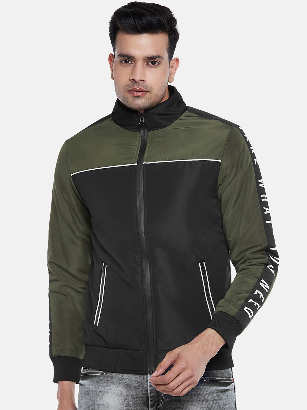 People Men Olive Green & Black Colourblocked Bomber Jacket