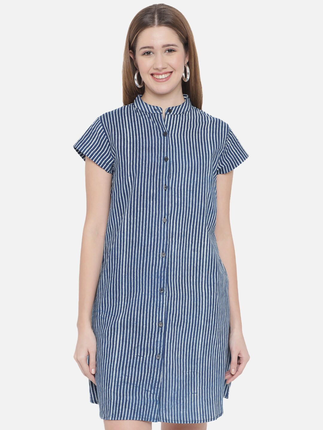 Indietoga Women Blue Indigo Hand Block Printed Pure Cotton Shirt Dress