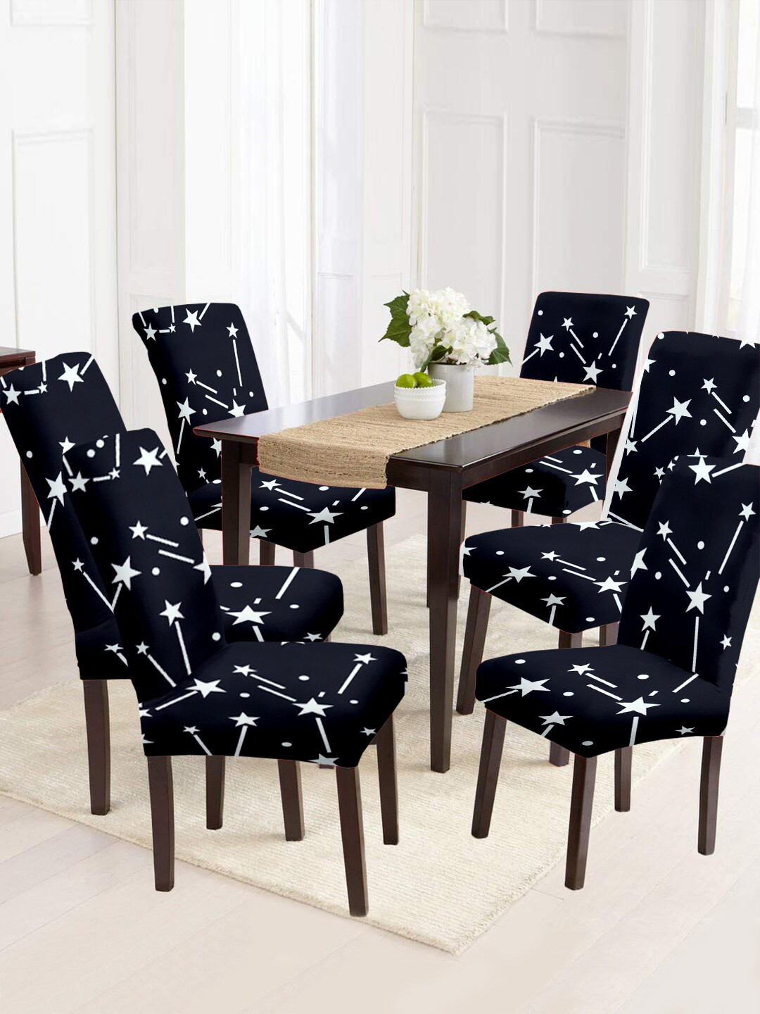 Aura Set Of 6 Black & White Printed Removable Chair Covers