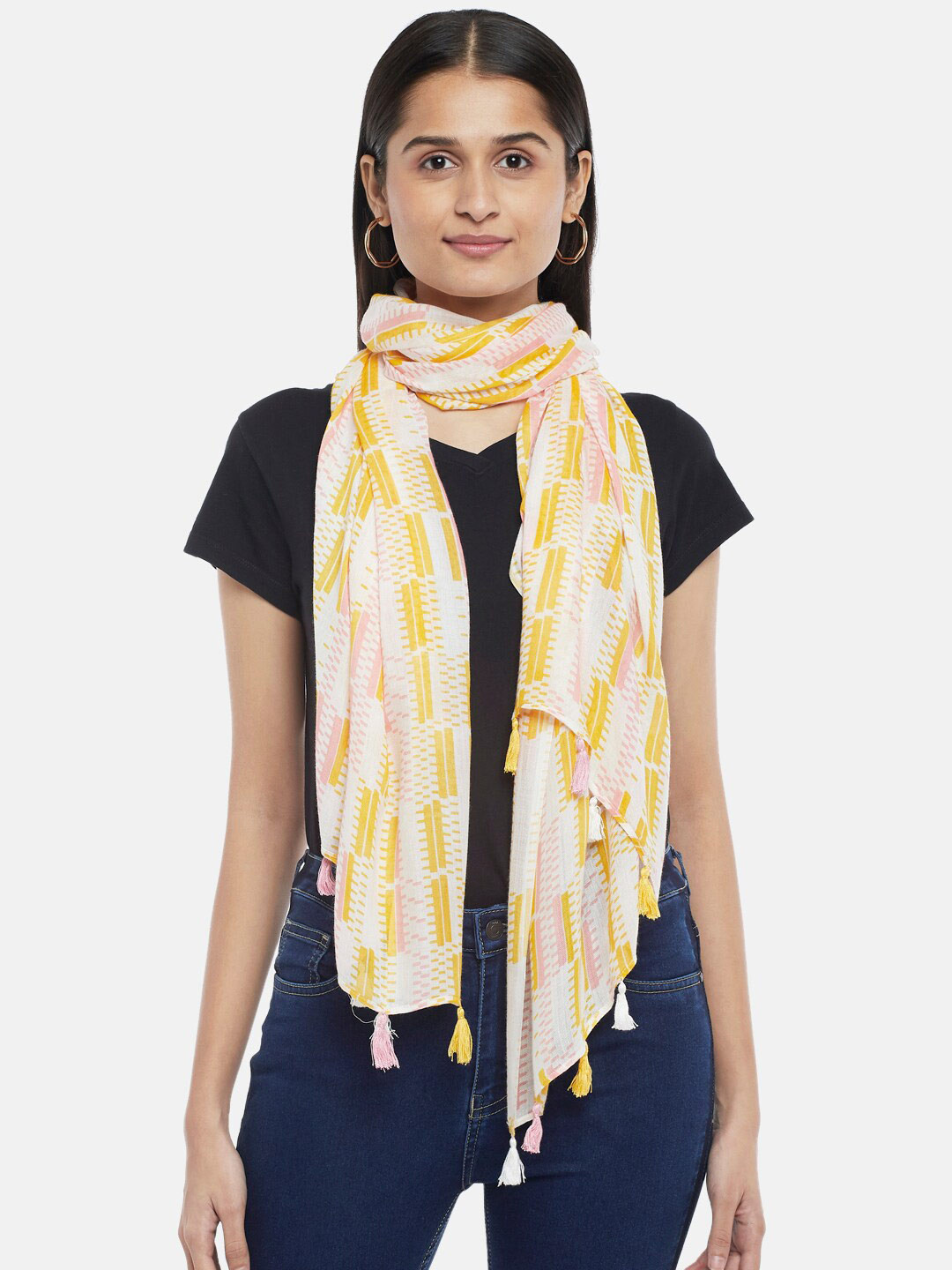 Honey by Pantaloons Women White & Mustard Yellow Printed Scarf