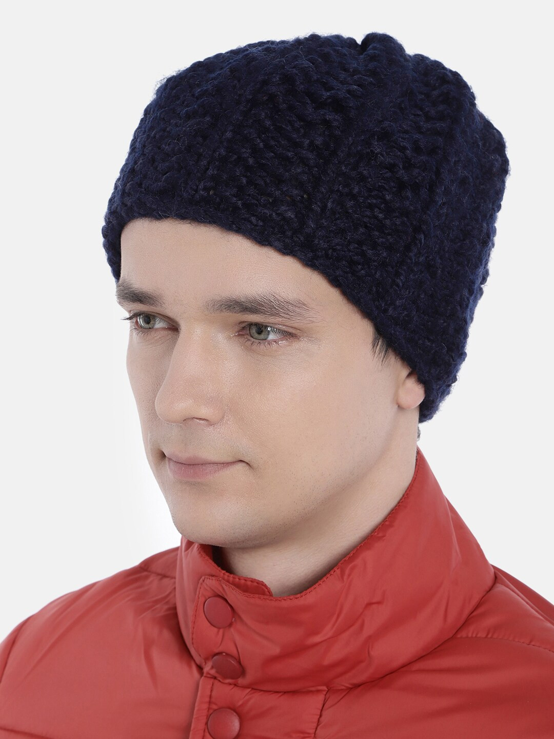 Magic Needles Men Navy Blue Self Design Hand Knitted Brisbane Woolen Beanie
