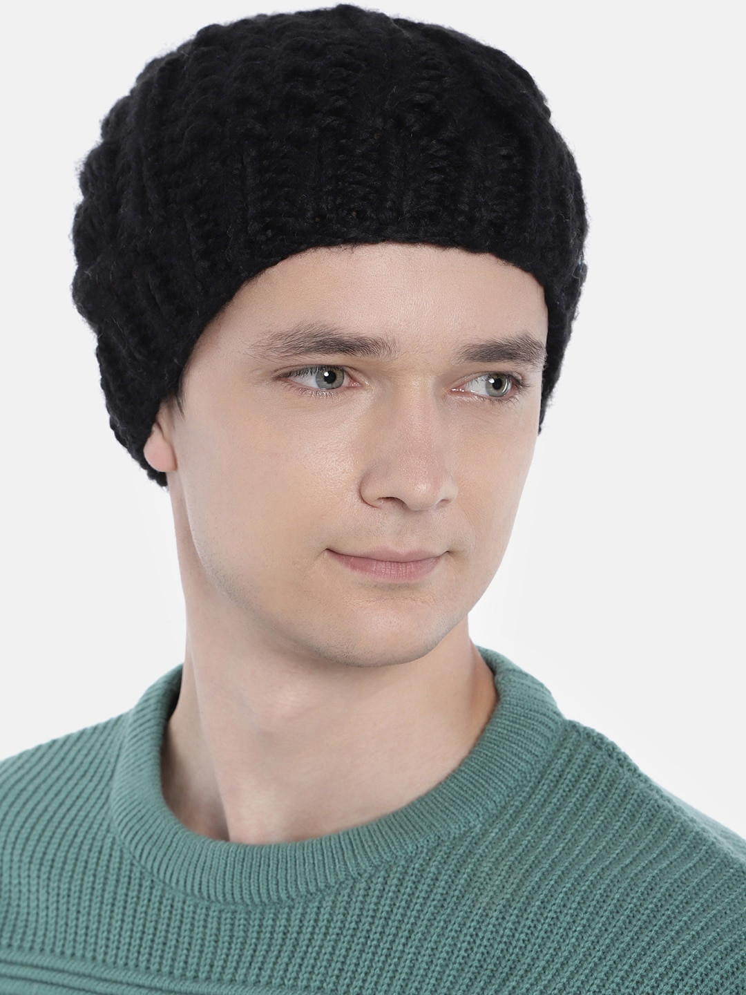 Magic Needles Men Black Woollen Handknitted Cable Beanie