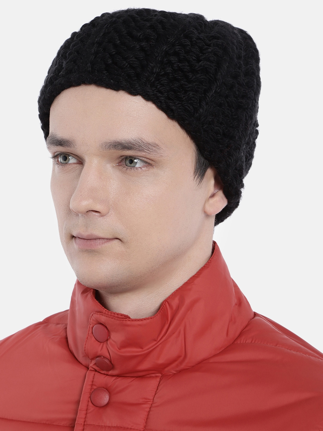 Magic Needles Men Black Self Design Hand Knitted Brisbane Woolen Beanie