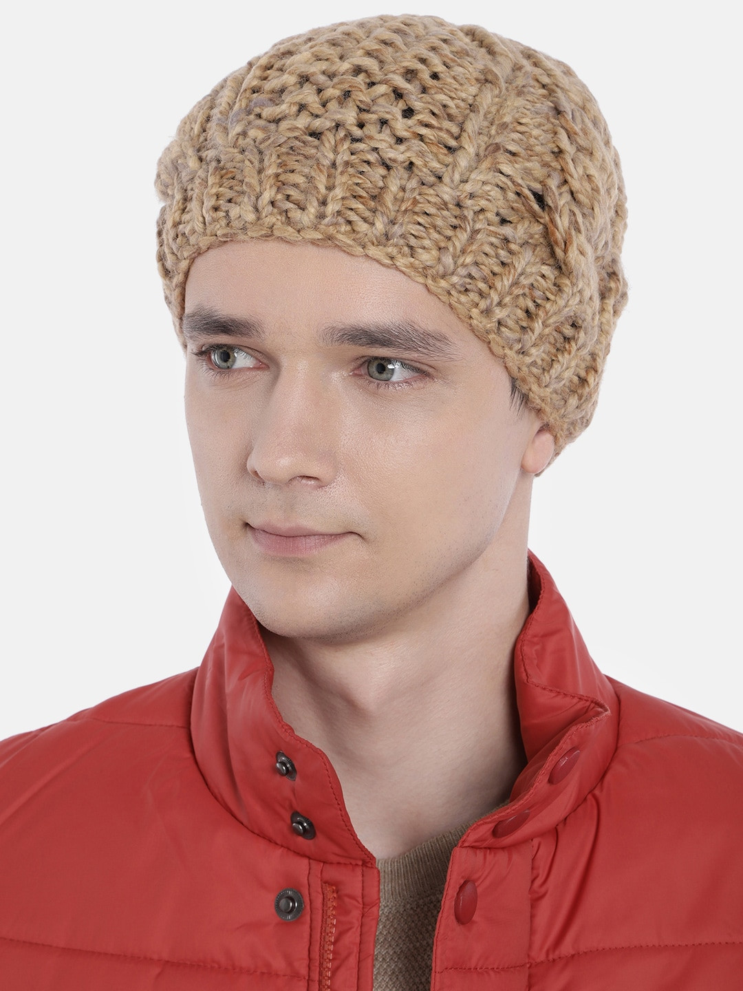 Magic Needles Men Camel Brown Self Design Hand Knitted Cable Woolen Beanie