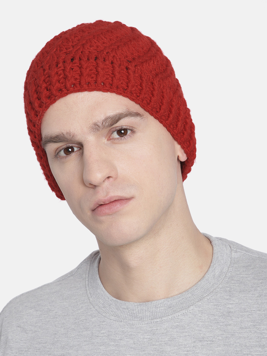 Magic Needles Men Red Woollen Diagonal Crochet Beanie