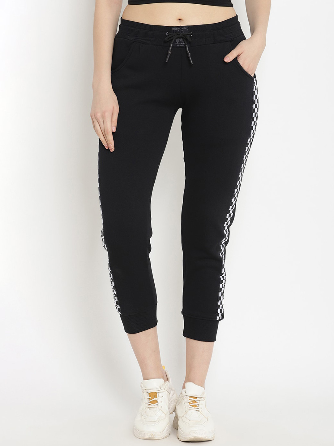 PUNK Women Black Solid Regular Fit Knitted Cotton Joggers with Checkerboard Pattern Sides