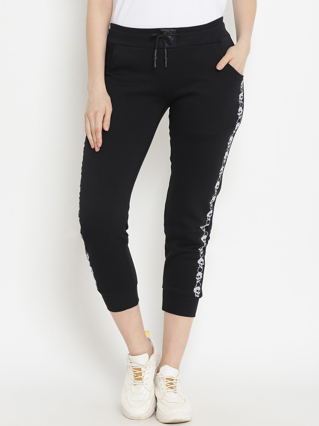 PUNK Women Black Solid Regular Fit Knitted Cotton Joggers with Skull Printed Sides