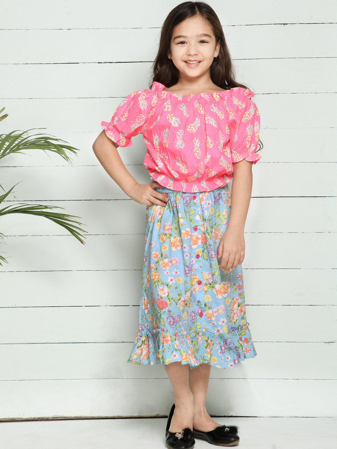 LilPicks Girls Pink & Turquoise Blue Printed Top with Skirt