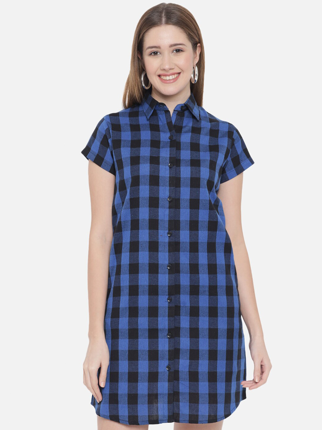 Indietoga Blue & Black Checked Pure Cotton Shirt Dress