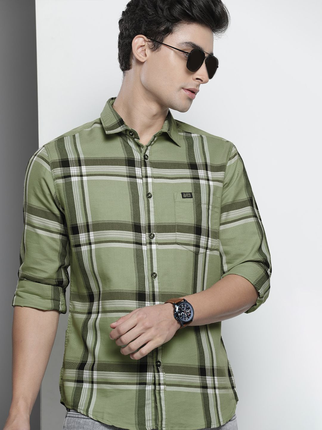 The Indian Garage Co Men Olive Green & White Tartan Checks Checked Cotton Casual Shirt