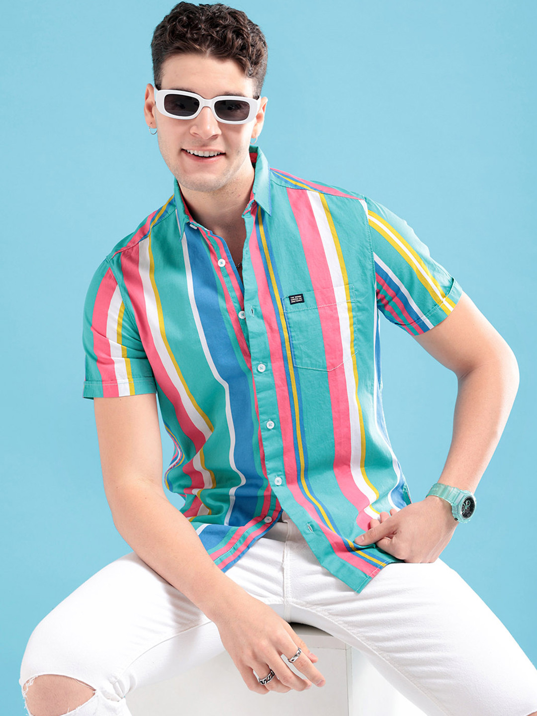 The Indian Garage Co Men Sea Green & Pink Striped Pure Cotton Casual Shirt