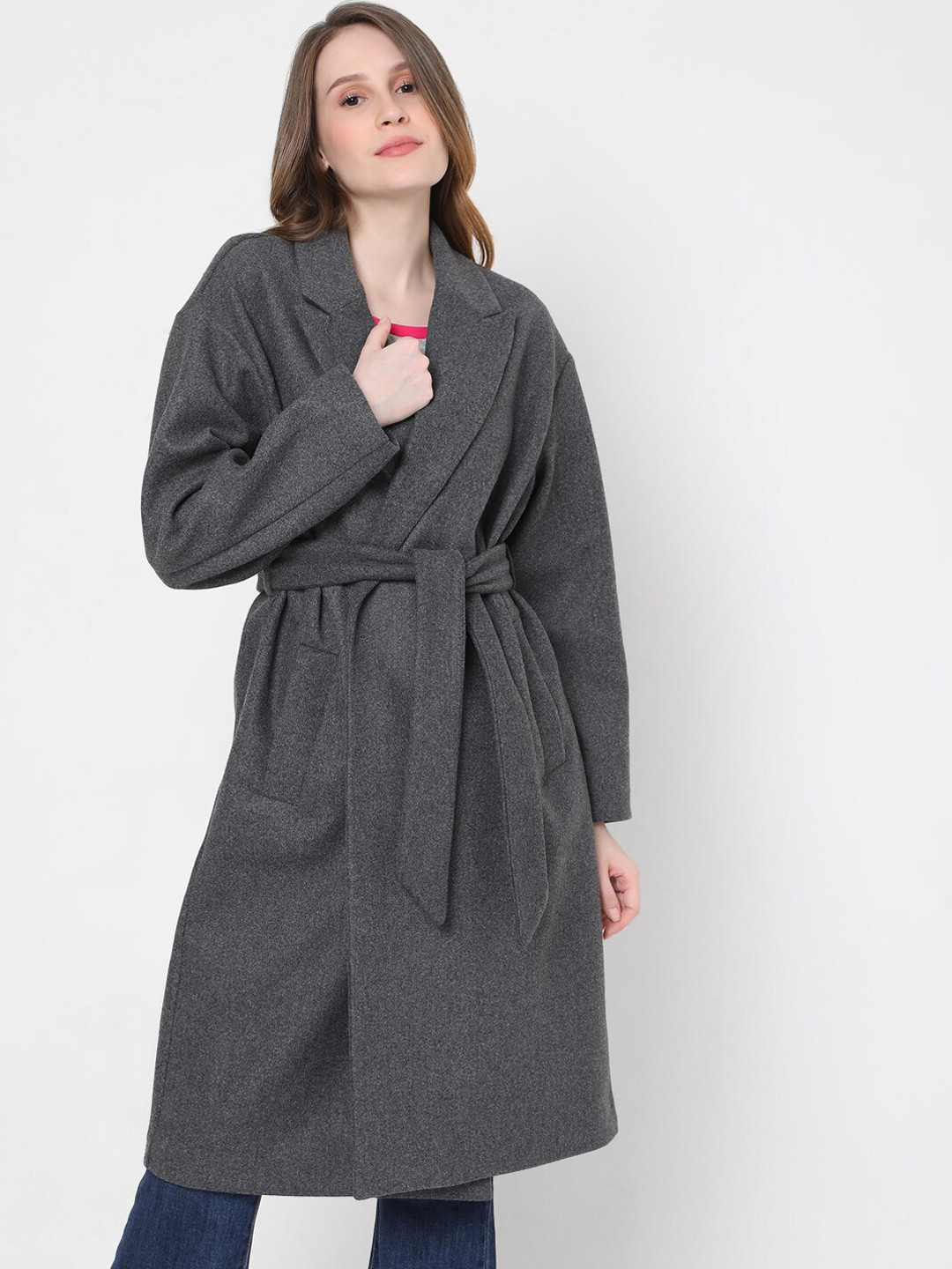 Vero Moda Women Grey Solid Longline Wrap Coat