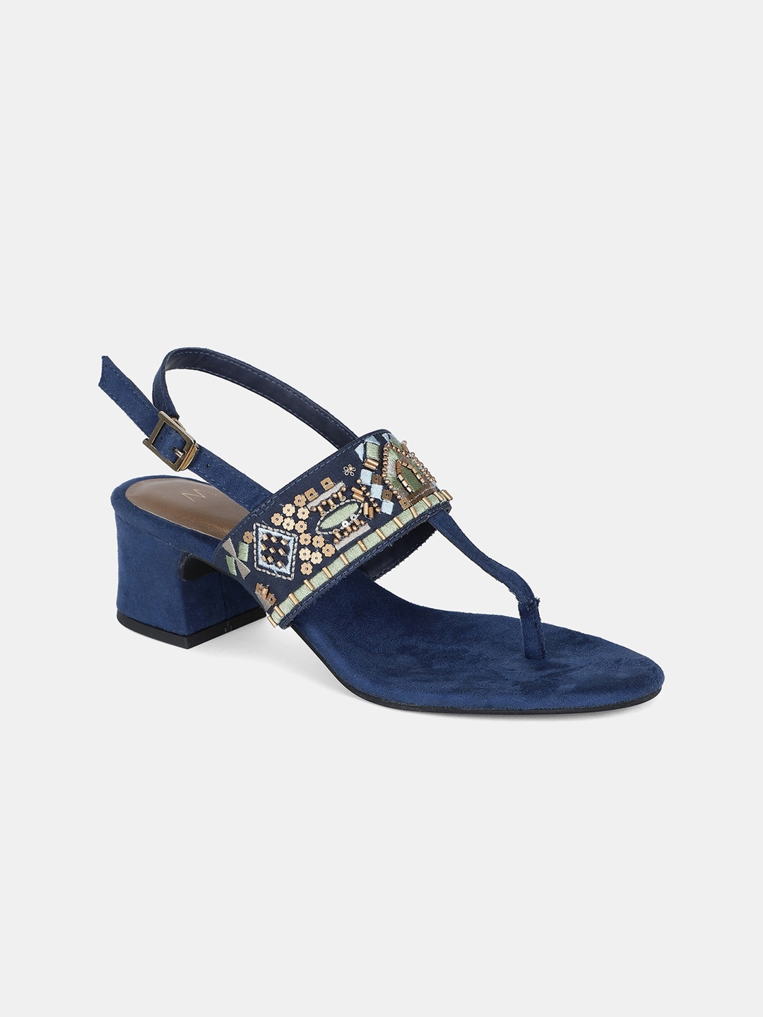 W Navy Blue Textured Suede Party Block Sandals - Heels for Women 16551898 | Myntra
