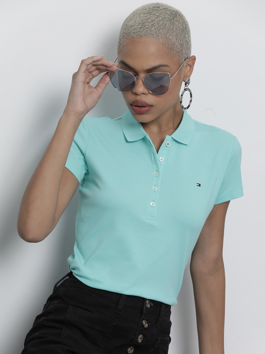 Tommy Hilfiger Women Turquoise Blue Polo Collar Slim Fit T-shirt