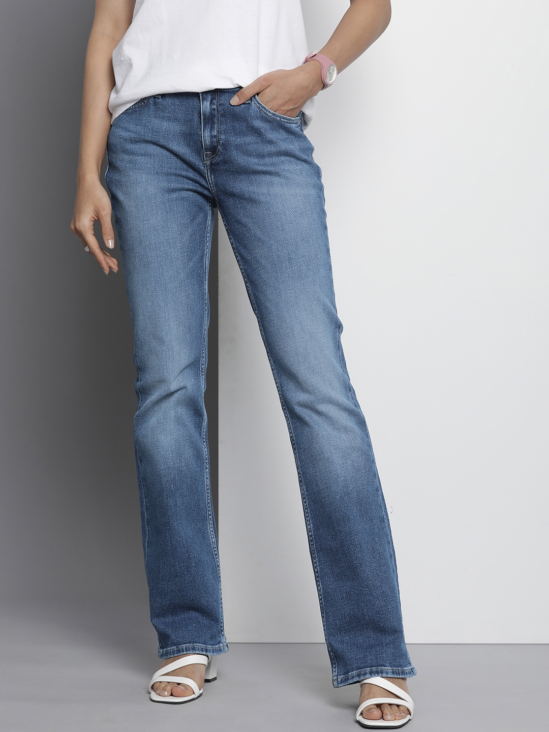 Maddie Mid Rise Bootcut Faded Jeans, Denim