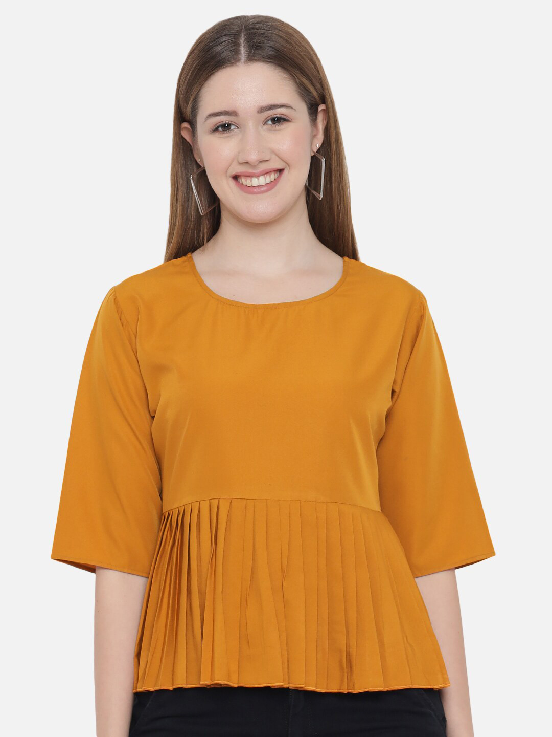 Indietoga Mustard Yellow Accordion Pleats Crepe Peplum Top