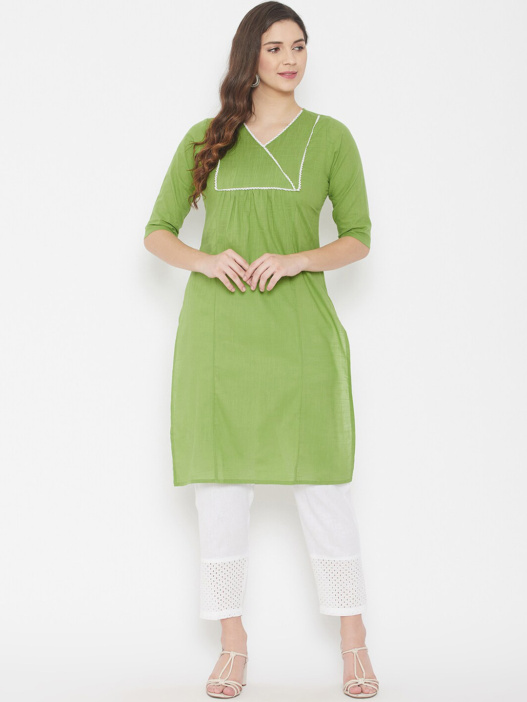 WineRed Women Green Solid Pure Cotton Kurta
