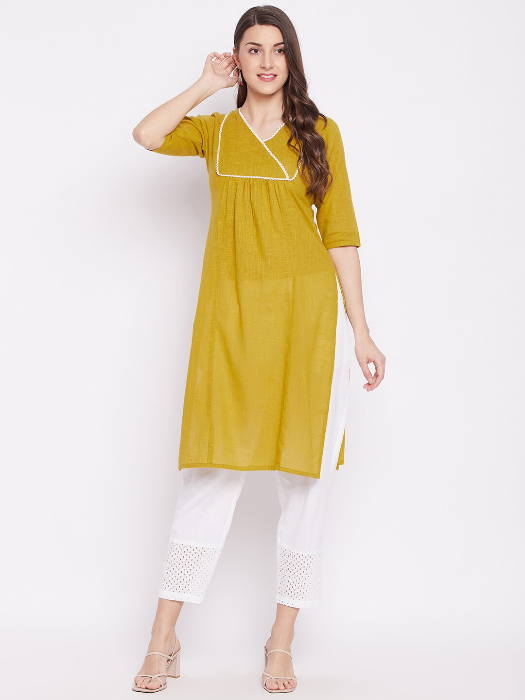 WineRed Women Yellow Cotton Solid Kurta