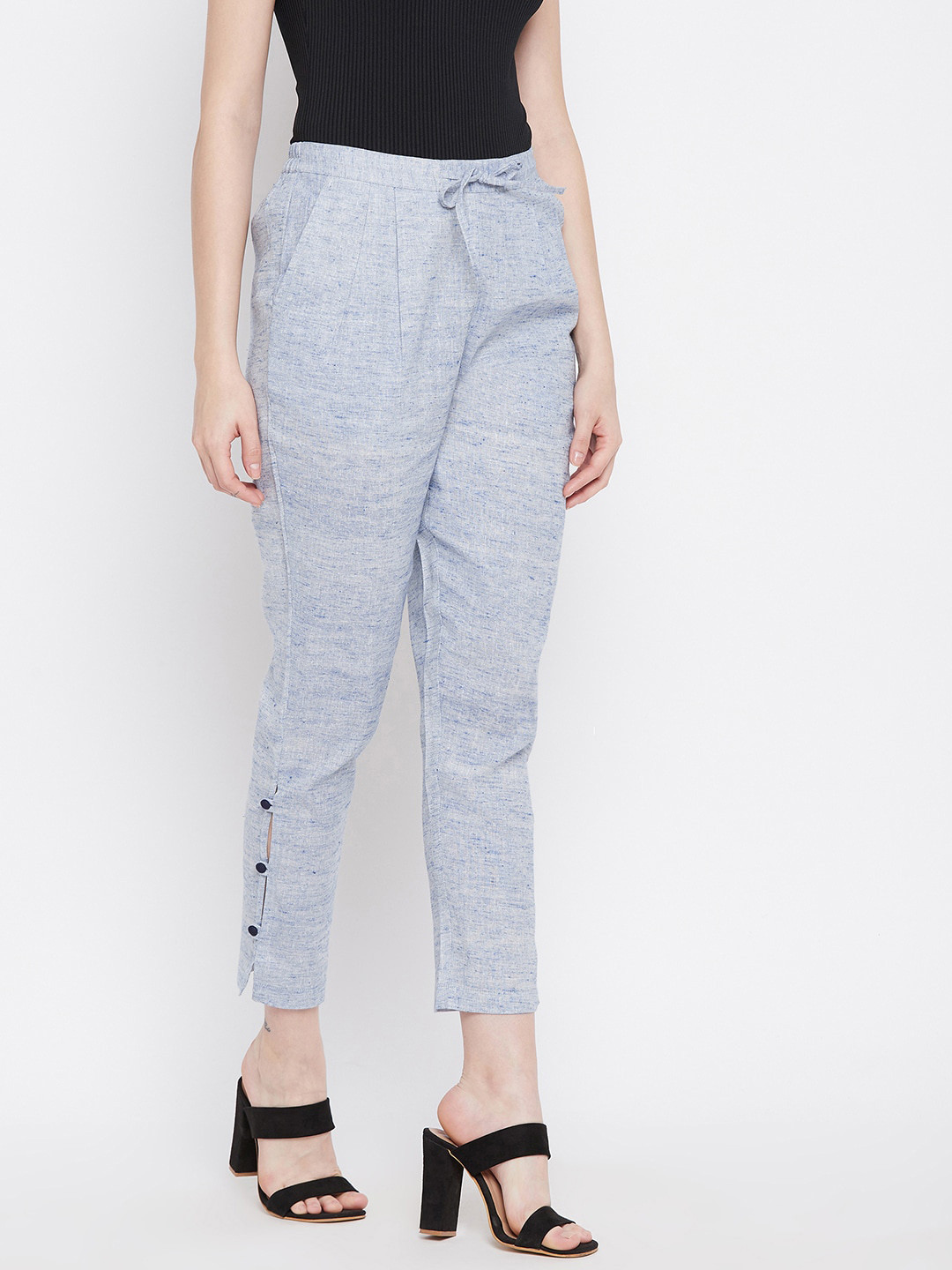 WineRed Women Blue Textured Pleated Crop Peg Trousers