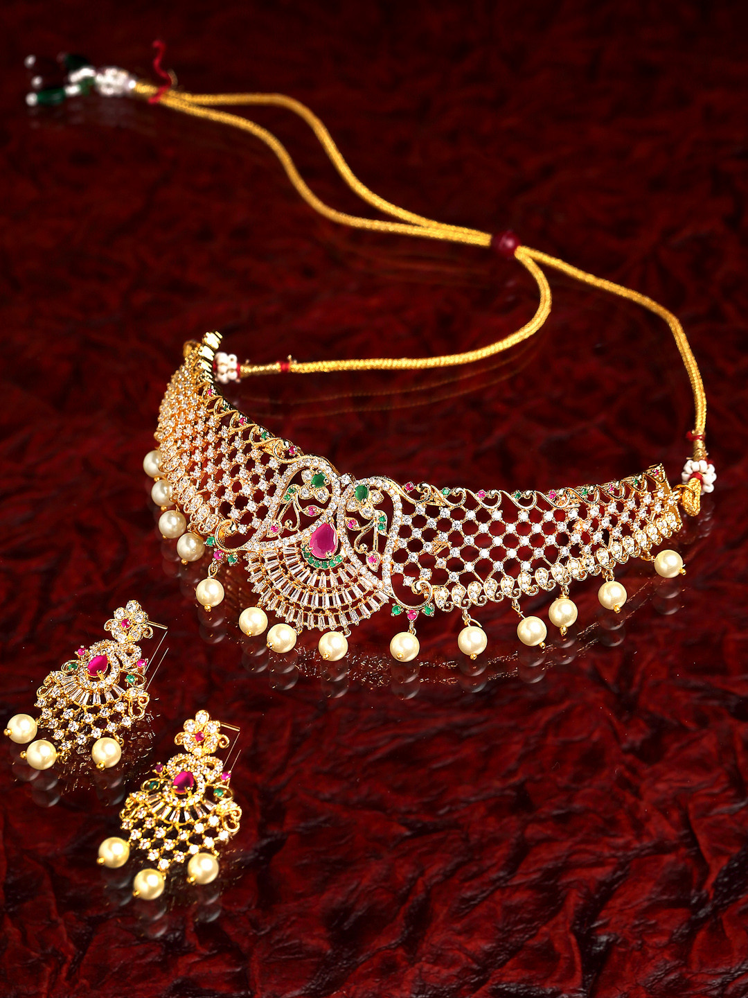 ZENEME Gold-Plated White & Red AD-Studded & Drop Pearl Beaded Jewellery Set