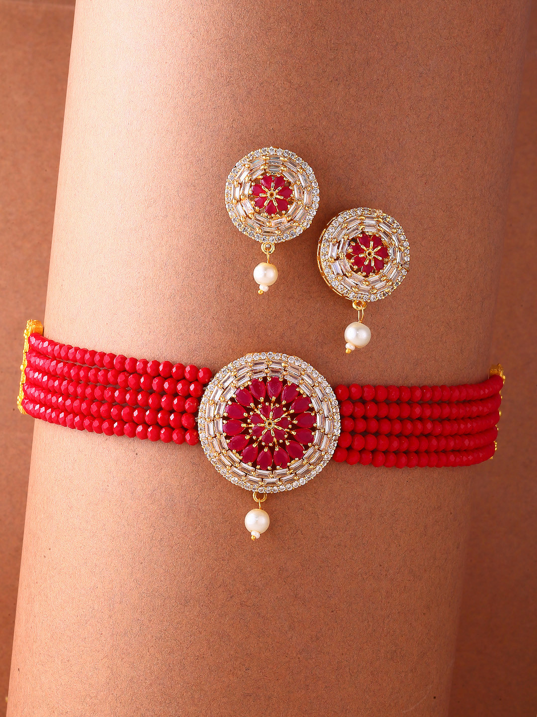 ZENEME Gold-Plated Red Cz Studded & Beaded Multistrand Choker Necklace Jewellery Set