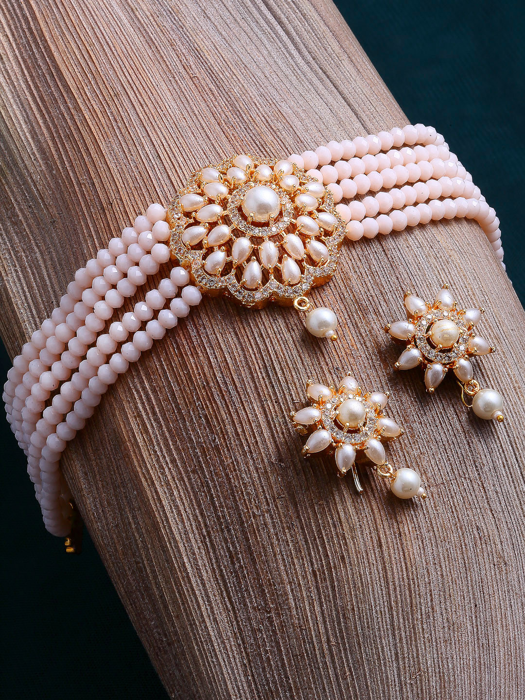 ZENEME Gold-Plated Cz Studded & Pearl Beaded Multistrand Choker Necklace Jewellery Set