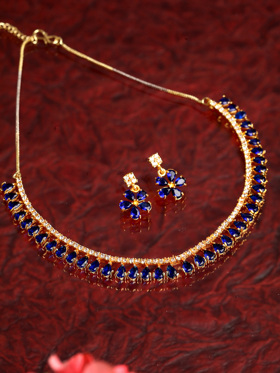 ZENEME Gold-Plated Floral Blue Cubic Zirconia-Studded Necklace & Earring Jewellery Set