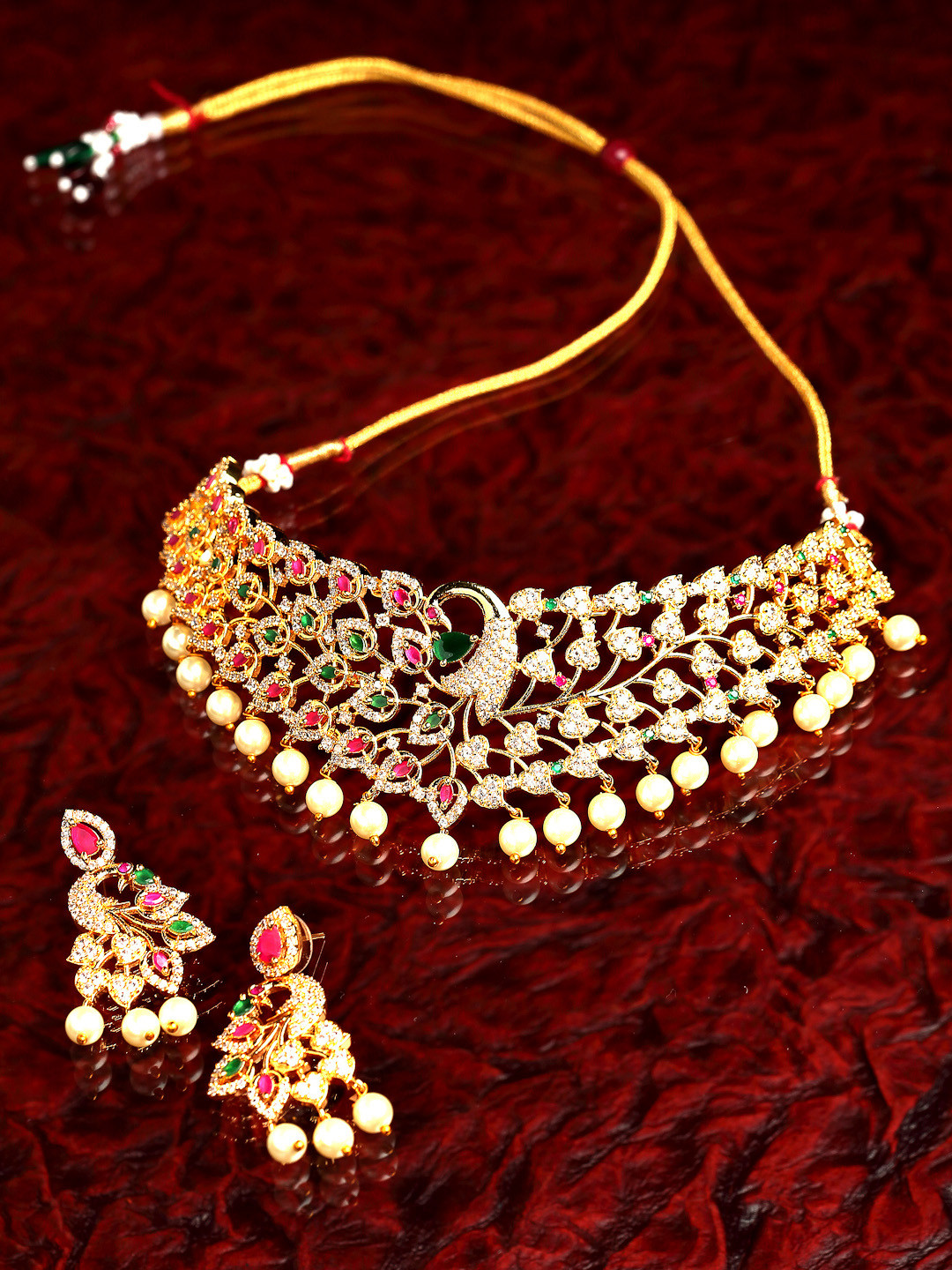 ZENEME Gold-Plated Red & Green AD Studded Jewellery Set