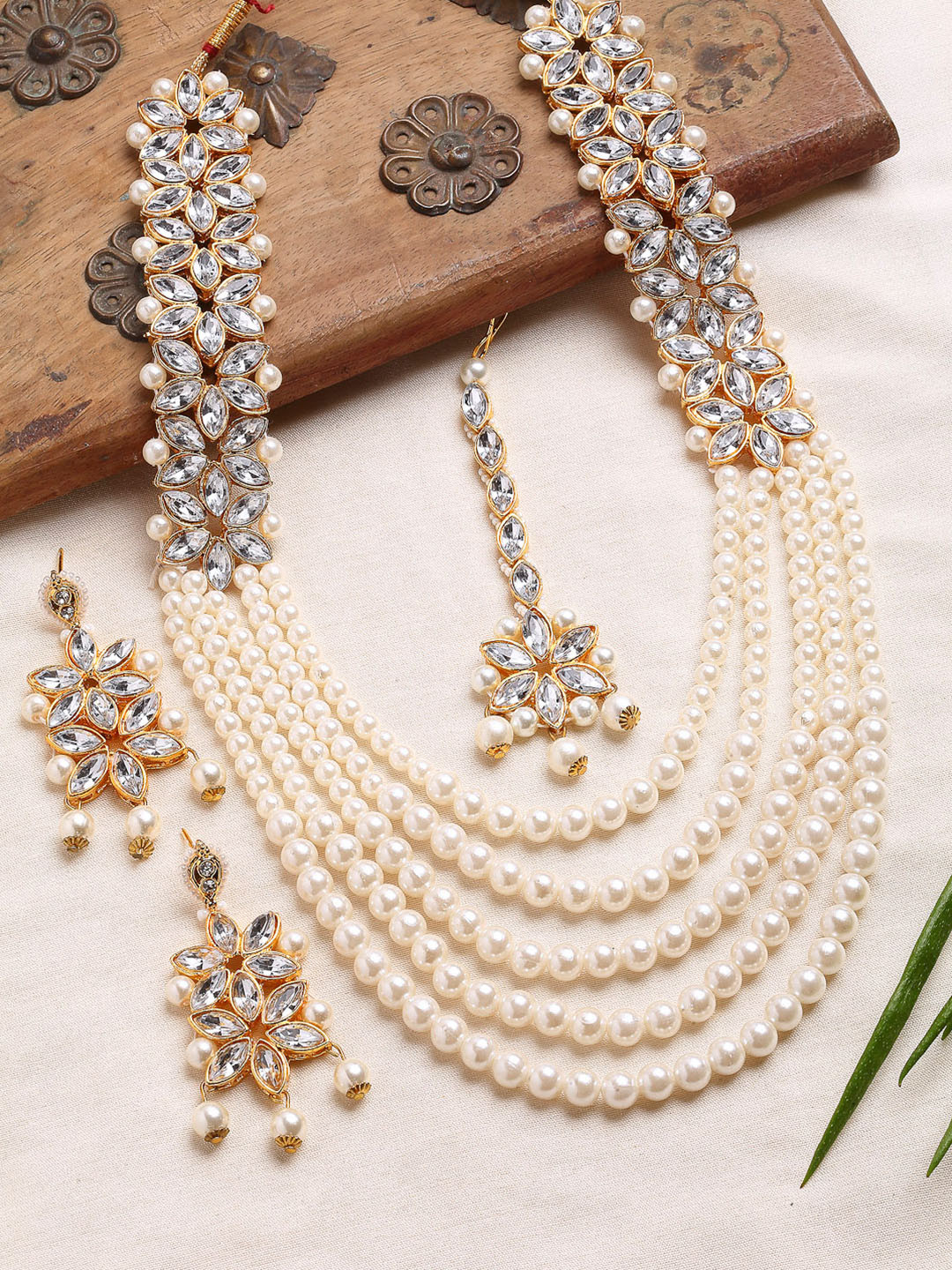 ZENEME White Gold-Toned Kundan & Pearl Beaded Multi-Stranded Jewellery Set