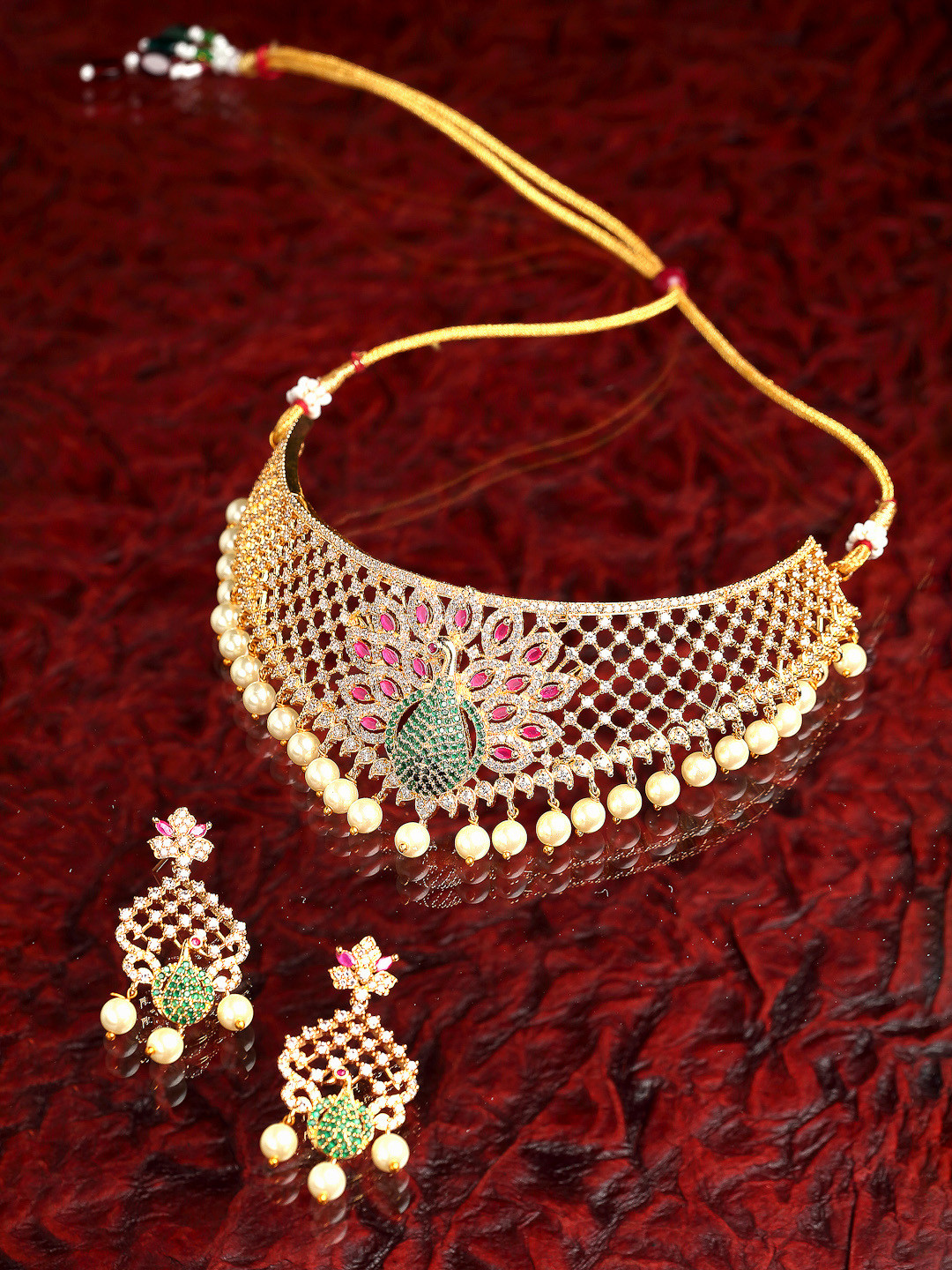 ZENEME Gold-Plated Red AD Studded Jewelry Set
