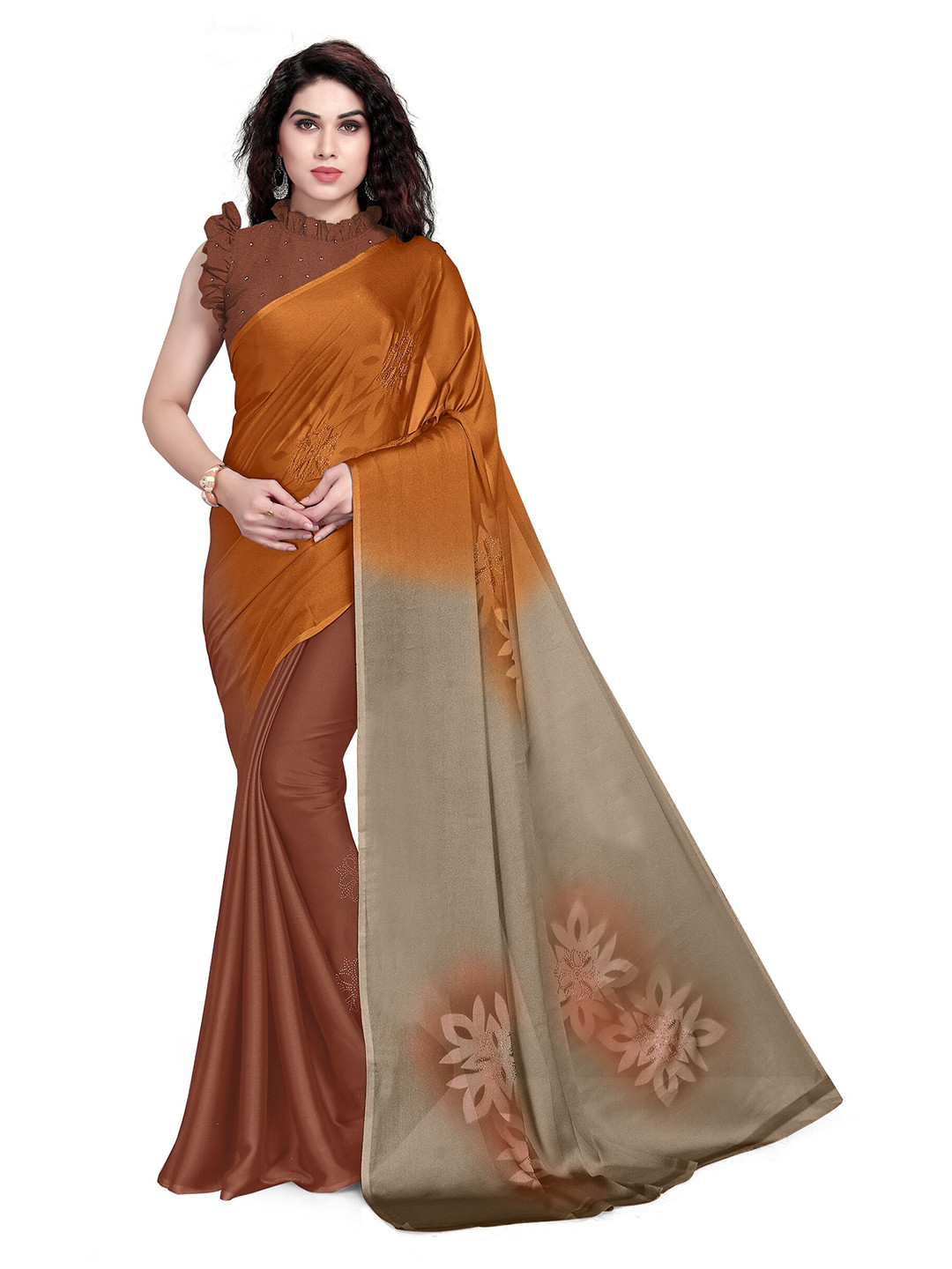 KALINI Orange & Brown Embellished Beads and Stones Half and Half Block Print Saree
