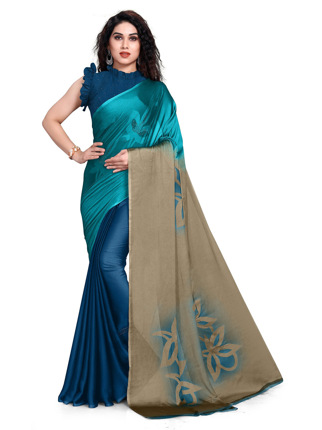KALINI Teal & Tan Embellished Beads and Stones Block Print Saree