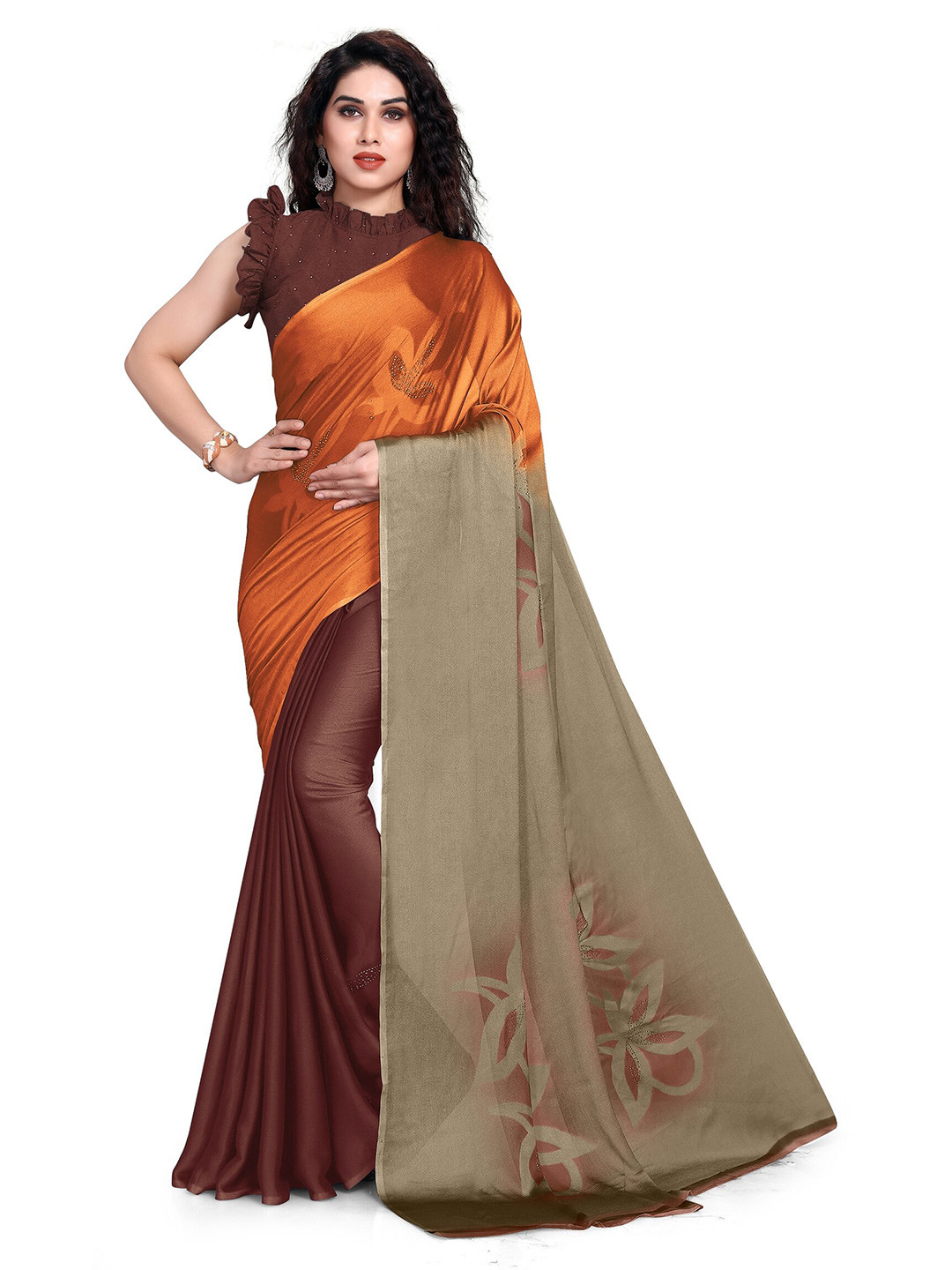 KALINI Orange & Grey Floral Half and Half Saree
