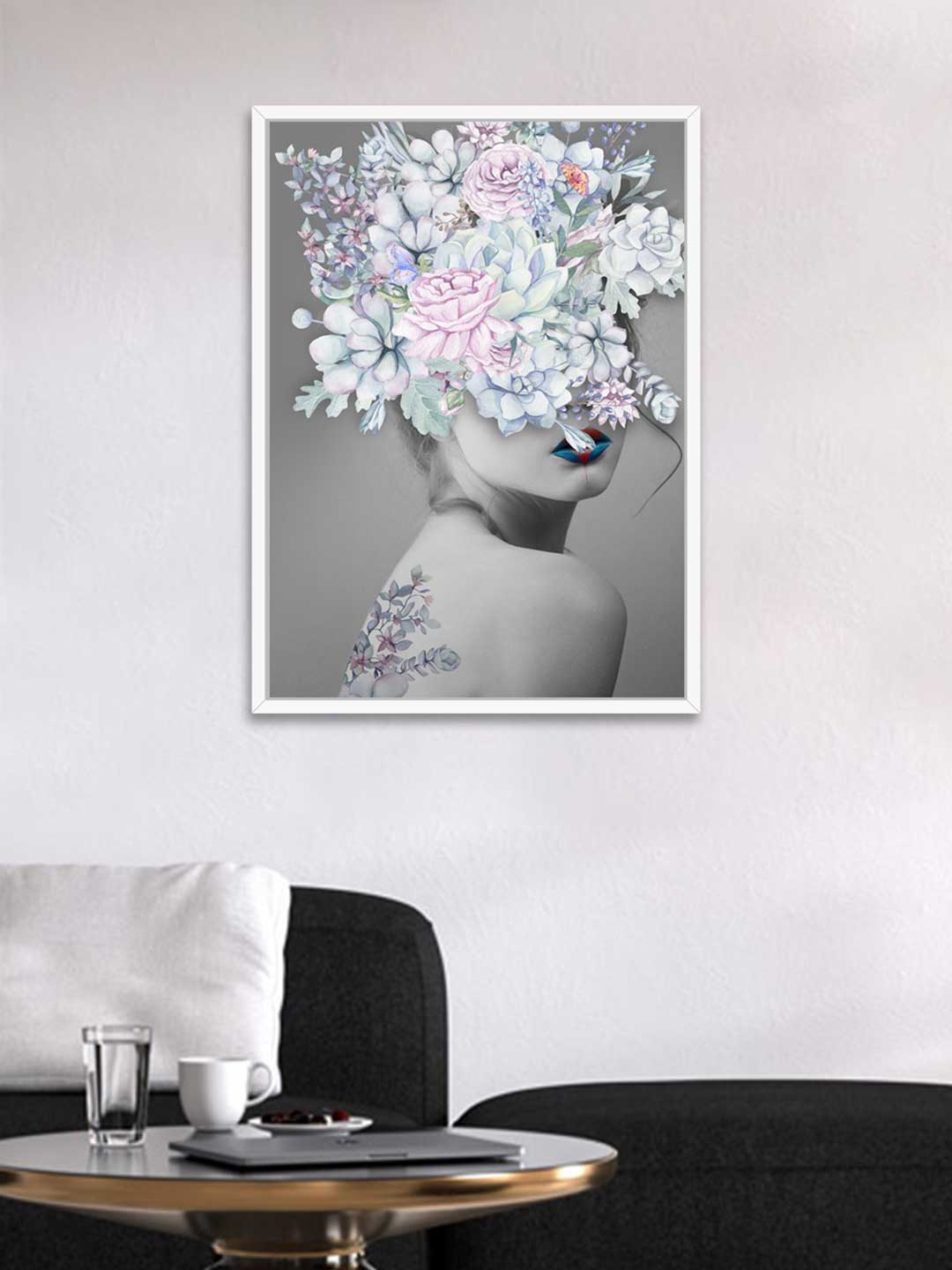 Art Street White   Black Floral Theme Wall Art Canvas Painting with Wooden Frame