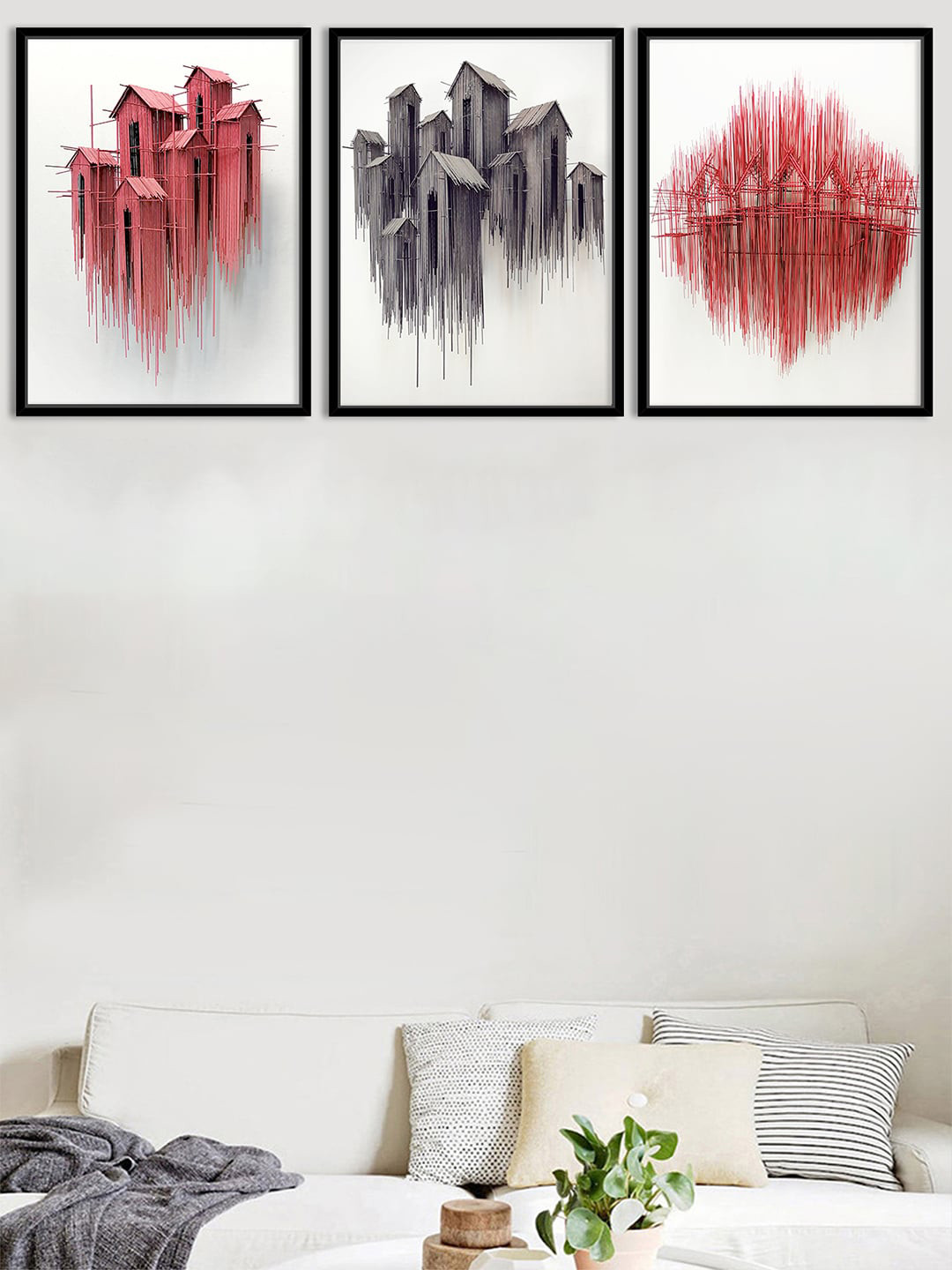 Art Street Set Of 3 Red & Grey Abstract Painting Canvas Wall Art
