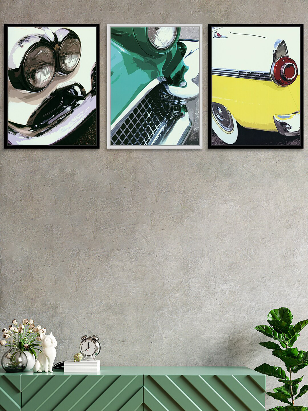 Art Street Set of 3 White & Green Abstract Theme Painting Canvas Wall Art