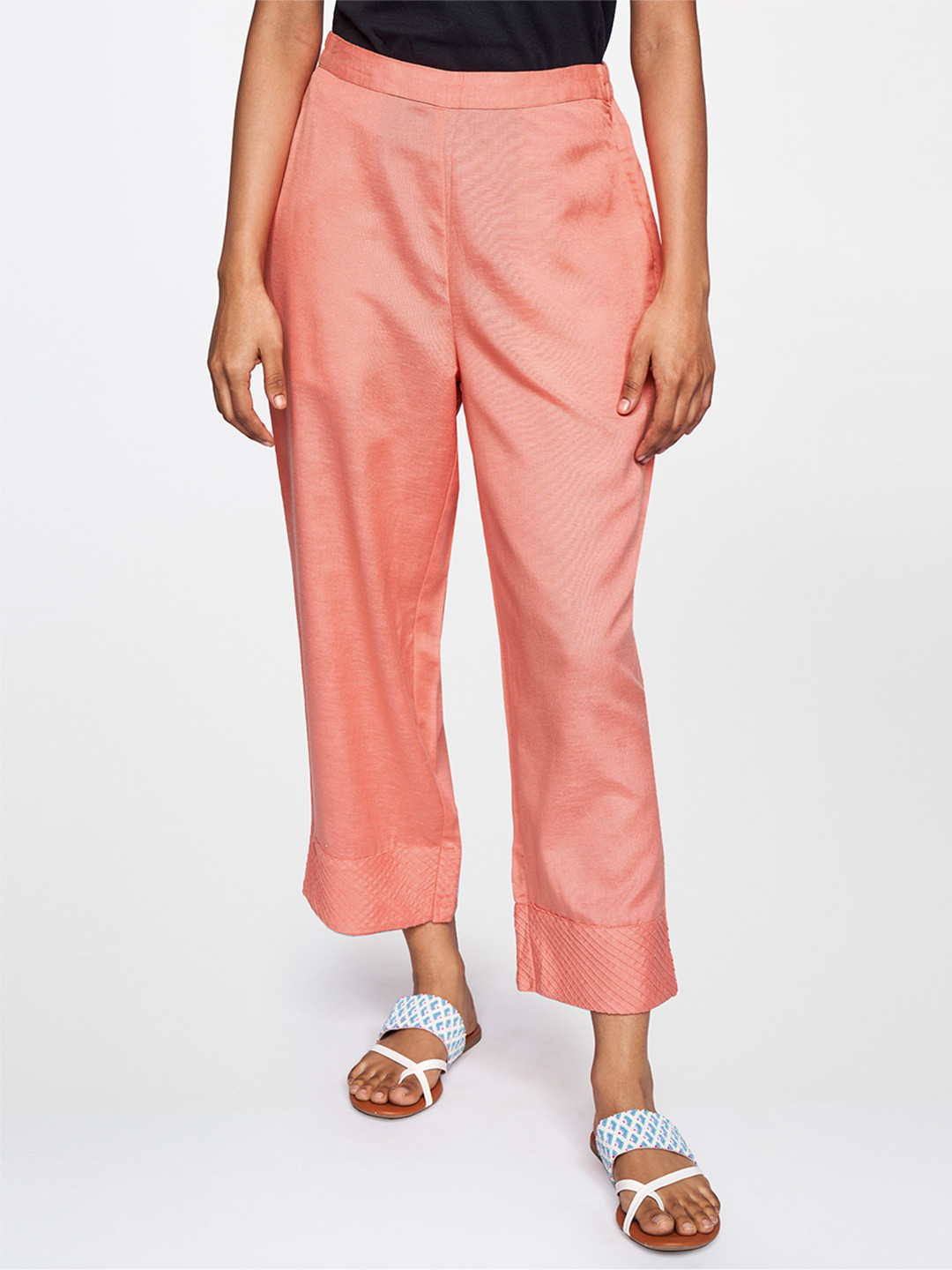 Global Desi Women Coral Orange Tapered Fit Trousers