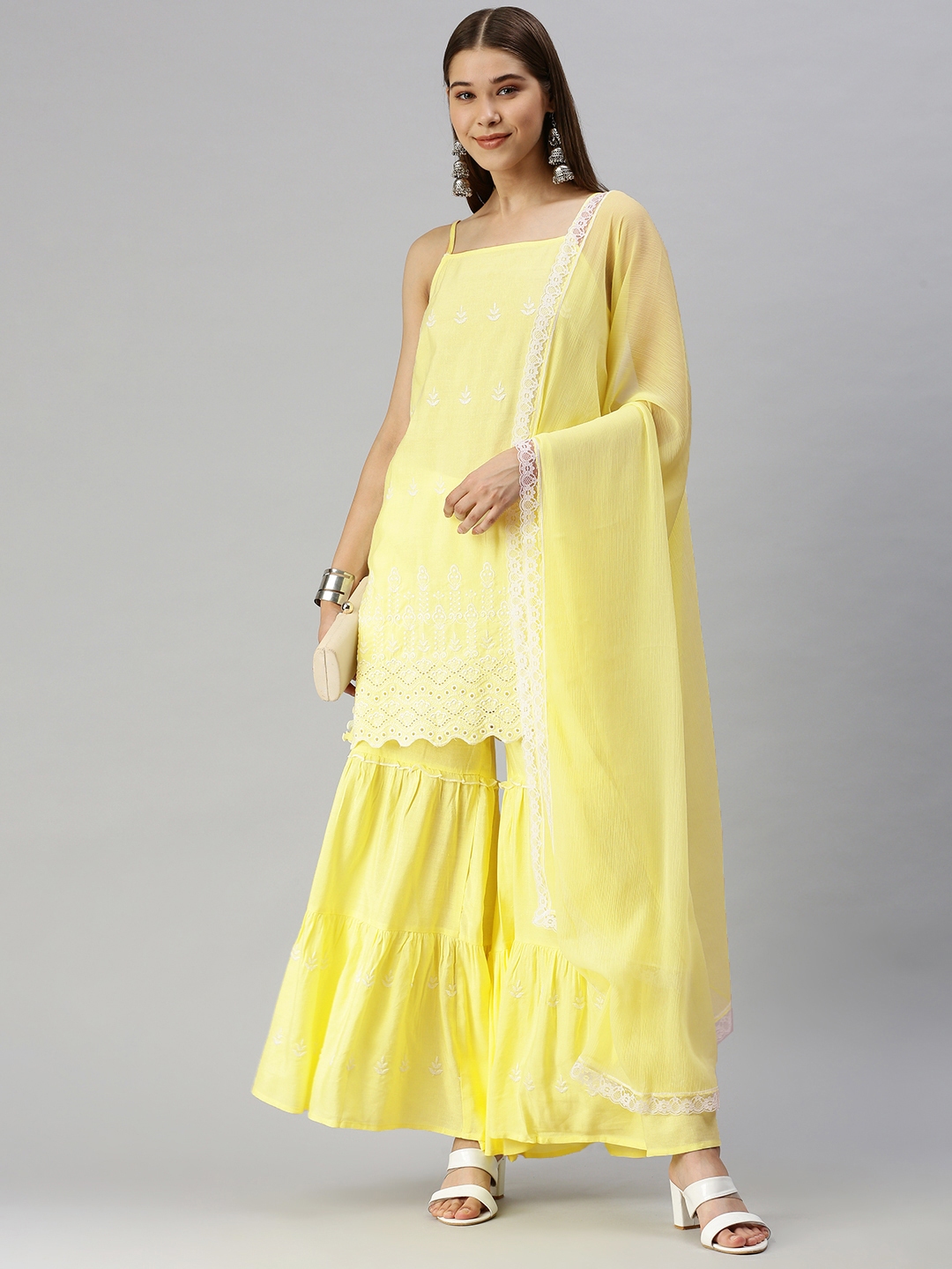 Buy Global Desi Women Yellow Embroidered Kurta with Sharara With Dupatta Kurta Sets for Women 16556098 Myntra