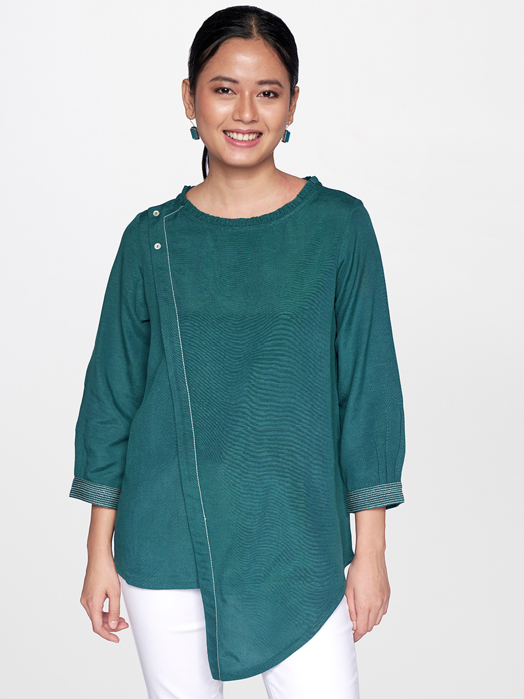 Global Desi Teal Green Solid Asymmetric Hem Top