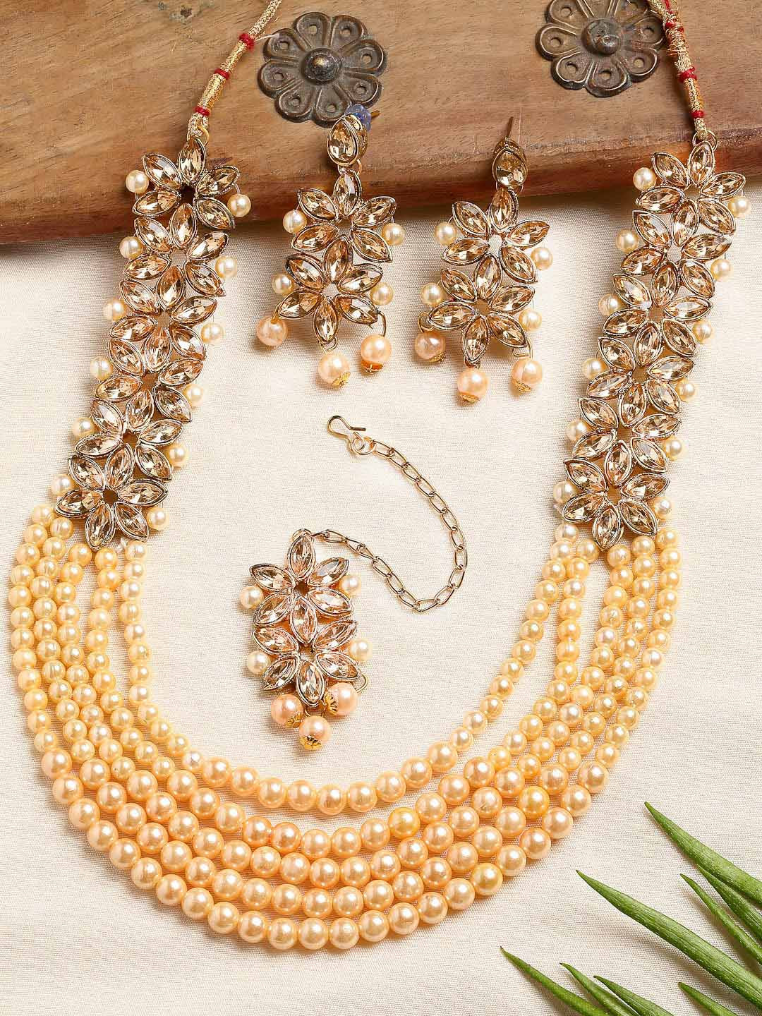 ZENEME Woman Gold Plated Kundan Studded & Pearl Beaded Multi-Stranded Jewellery Set