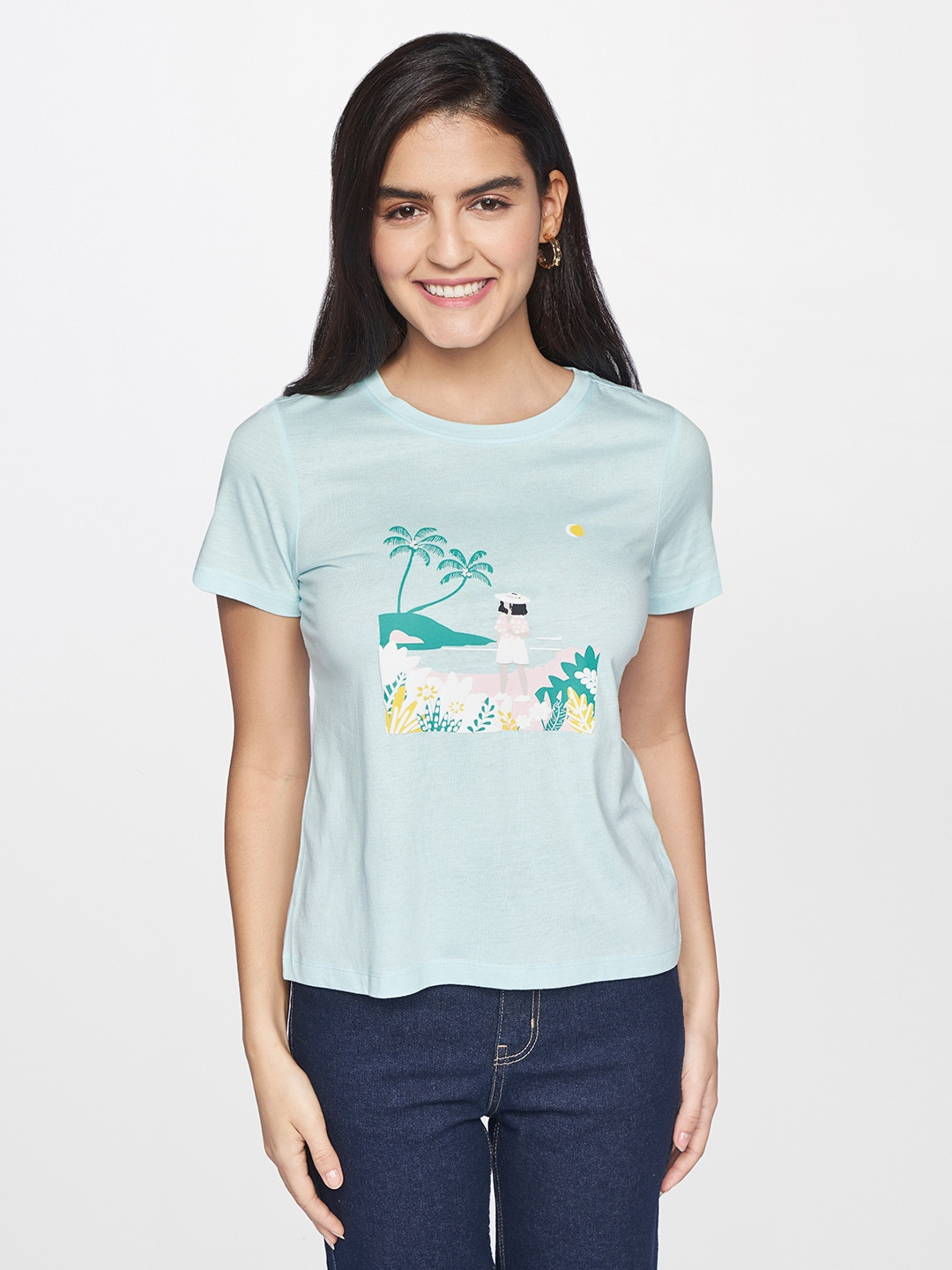 AND Powder Blue Graphical Print Half Sleeved Regualr Top